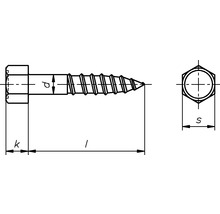 Desen tehnic al unui șurub pentru lemn cu cap hexagonal și dimensionare