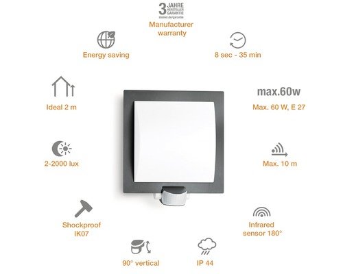 Lampa Steinel cu senzor infraroșu 180 grade, rezistentă la șocuri IK07, IP 44
