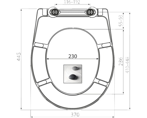 Desen tehnic al unui capac de toaletă cu indicații de dimensiuni