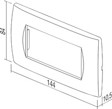 Dimensiunile unui cadru de comutator cu o lungime de 144 mm, o înălțime de 84 mm și o grosime de 10,5 mm