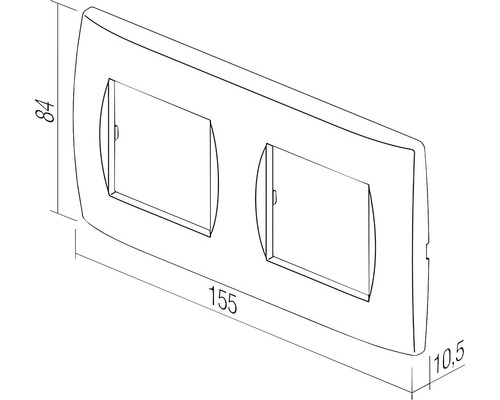 Desen tehnic al unui capac de cadru dublu pentru întrerupătoare și prize, dimensiuni 84 x 155 x 10,5 mm