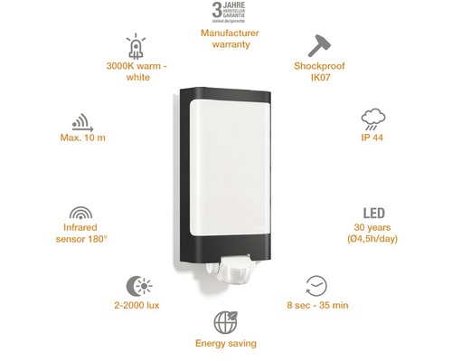 Aplică LED exterior Steinel L240 9,3W 946 lumeni, senzor de mișcare, IP44, antracit
