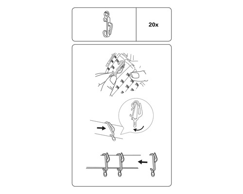 Instrucțiuni de fixare a cârligelor pentru perdele, 20 de bucăți