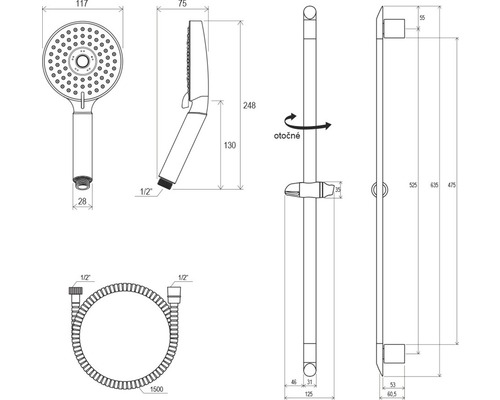 Desen tehnic al unui set de duș cu duș de mână, furtun de duș și bară de duș cu dimensiuni