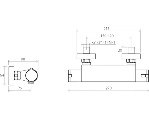 Desen tehnic al unui bloc de conectare a caloriferului cu dimensiuni