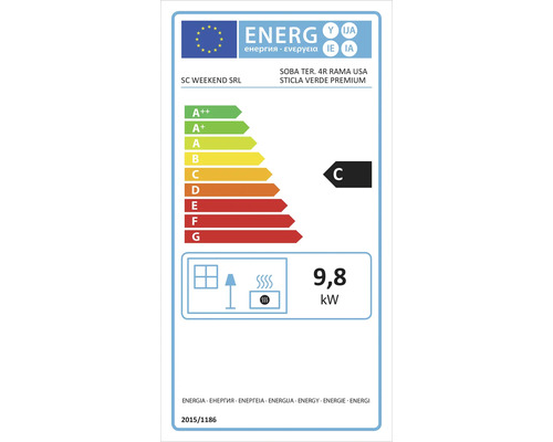 Etichetă energetică pentru sobă SC WEEKEND SRL cu putere de 9,8 kilowați și clasa de eficiență energetică C