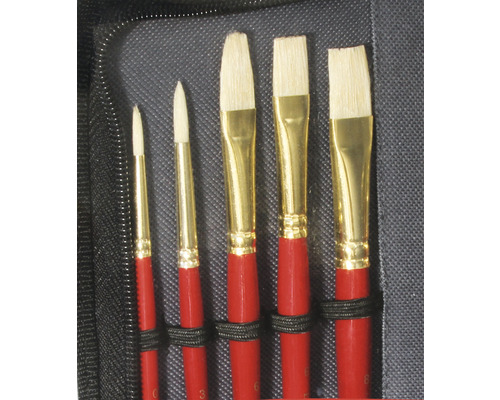 Set de cinci pensule cu mânere roșii și ferule aurii
