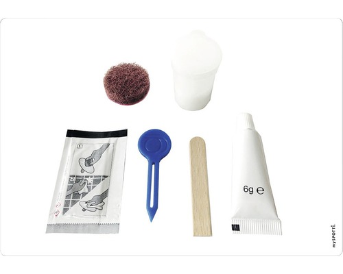 Set de reparații cu material abraziv nețesut, pahar, șervețel de curățare, spatulă, băț de amestecare și tub cu conținut de 6 grame