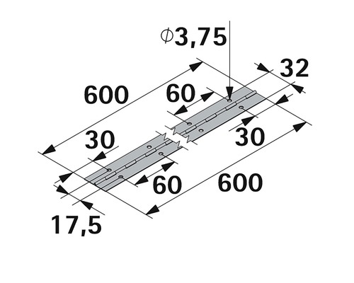 Desen tehnic al unei balamale de pian cu dimensiuni