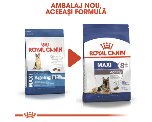 Hrană uscată pentru câini Royal Canin Maxi Ageing 8+, comparație între ambalajul vechi și cel nou