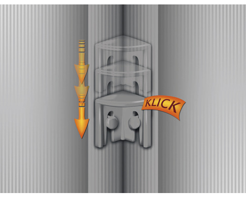 Ilustrație a unei îmbinări de colț cu mecanism de clic și săgeți de direcție