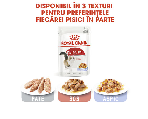 Hrană pentru pisici Royal Canin Instinctive cu trei texturi din care puteți alege