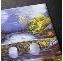 Pictură cu motiv peisagistic: pod, lac și munți