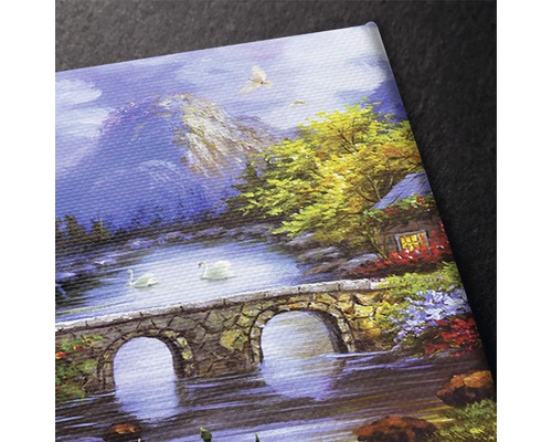 Pictură cu motiv peisagistic: pod, lac și munți