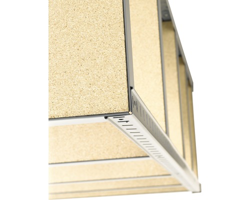 Vizualizare detaliată a unui sistem de rafturi cu plăci aglomerate și cadru metalic pentru depozitare