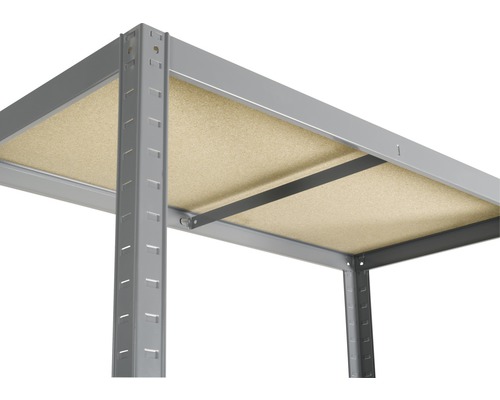 Imagine detaliată a unui raft de depozitare cu poliță și cadru din oțel