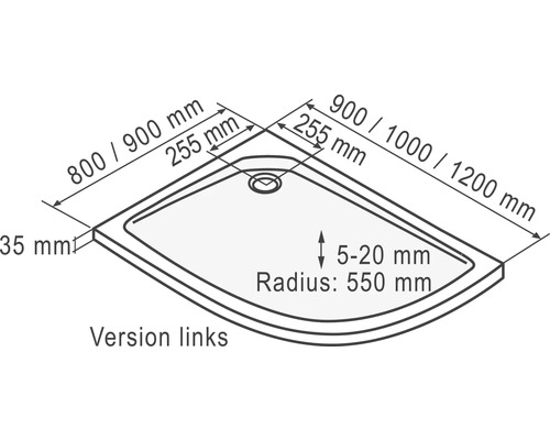 Desen tehnic al unei cădițe de duș cu dimensiuni