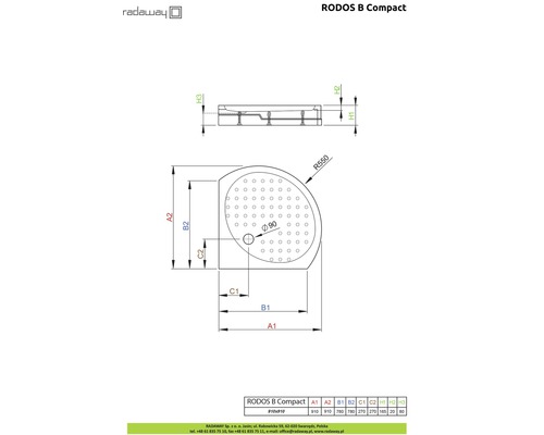 Desen tehnic al cădiței de duș Radaway Rodos B Compact cu dimensiuni