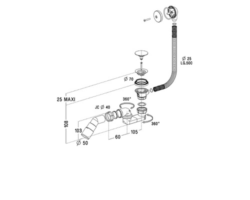 Desen explodat al unui set de garnitură de scurgere cu dimensiuni pentru chiuvetă