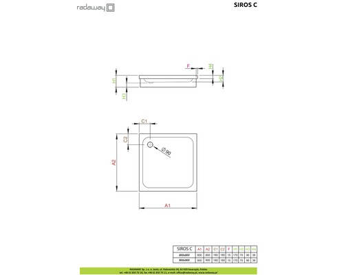 Desen tehnic al cădiței de duș Radaway Sios C cu dimensiuni