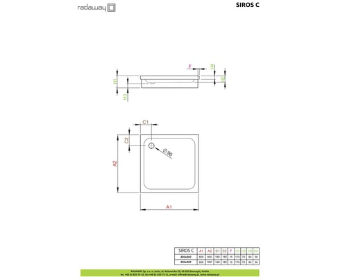 Desen tehnic al cădiței de duș cu dimensiuni