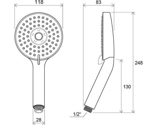 Desen tehnic al unui cap de duș de mână cu dimensiuni.