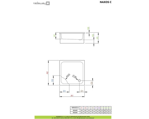 Desen tehnic al cădiței de duș Radaway Naxos C cu dimensiuni