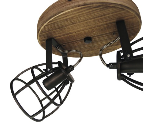 Lumină de plafon cu două spoturi și abajururi tip cușcă pe un suport de lemn