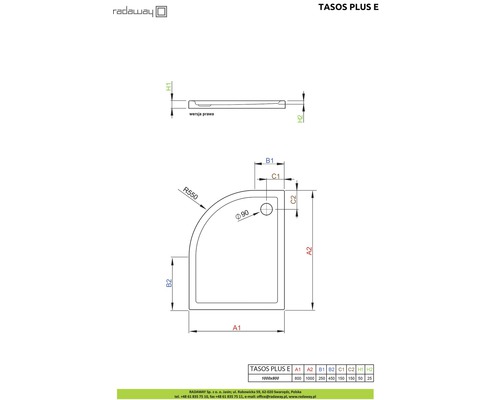 Desen tehnic al cădiței de duș Tasos Plus E cu dimensiuni