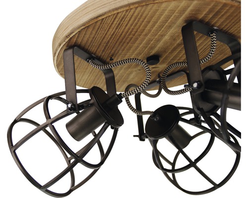 Lumină de tavan cu abajururi tip cușcă și element din lemn