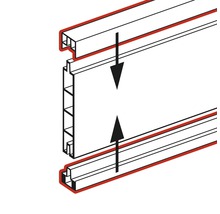 Ilustrație a asamblării cu îmbinare în canelură și cu arc cu săgeți