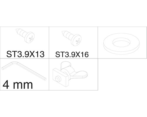 Imagine cu diverse piese de montaj, inclusiv șuruburi, o șaibă, o cheie Allen și un accesoriu