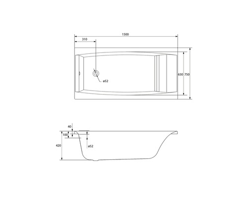 Desen tehnic al unei căzi cu dimensiuni