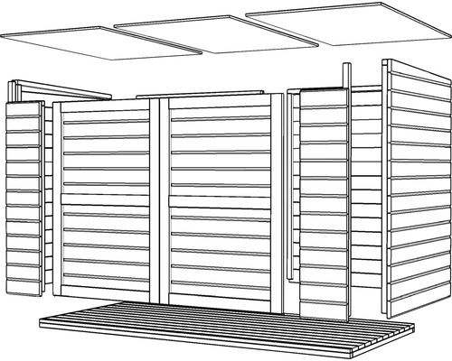 Imagine a unei căsuțe de grădină în construcție brută cu pereți din lemn și elemente de acoperiș