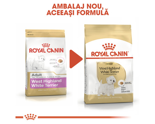 Comparație între două ambalaje de hrană pentru câini adulți Royal Canin pentru West Highland White Terriers.