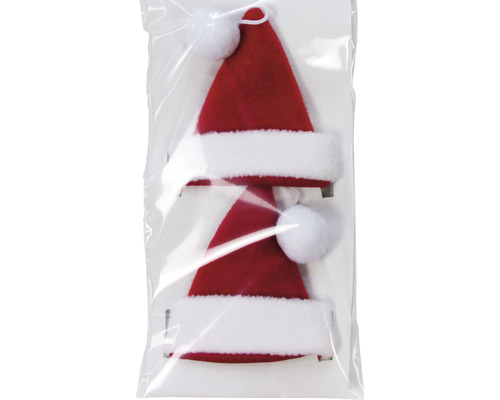 Două căciulițe roșii de Crăciun cu margine albă din blană artificială într-un ambalaj transparent.