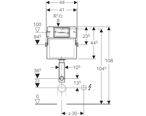 Desen tehnic al unui rezervor de spălare Geberit cu dimensiuni