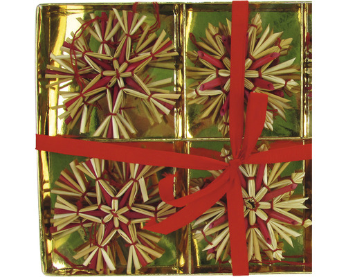 Pachet cu patru stele din paie și fundă roșie