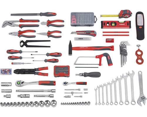 Set de scule cu clești, șurubelnițe, ciocan, ferăstrău, chei și alte accesorii