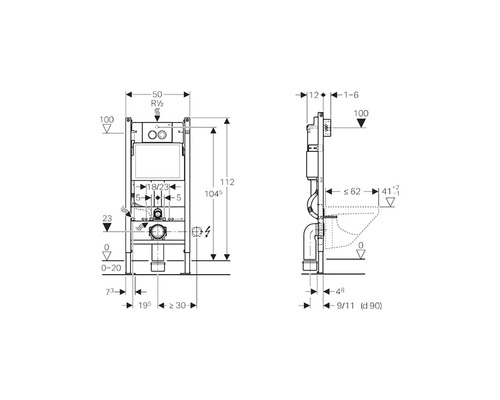 Desen tehnic al unui element de instalare WC cu dimensiuni