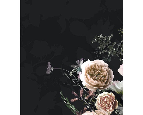 Tapetă florală cu trandafiri și frunze pe fundal întunecat