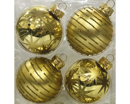 Patru globuri decorative de Crăciun cu model de stele și dungi