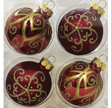 Patru globuri de Crăciun cu decorațiuni aurii într-un pachet.