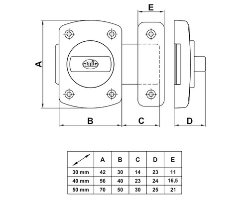 Desen tehnic al unui zăvor cu dimensiuni și logo-ul Amig