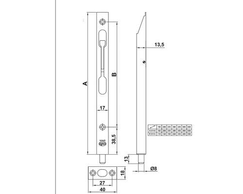 Desen tehnic al unei încuietori cu tijă, cu dimensiuni