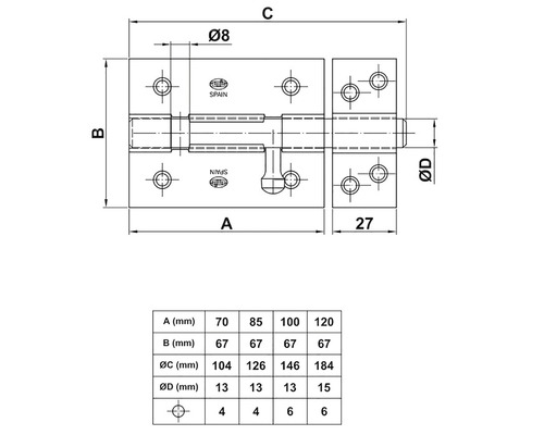 Desen tehnic al unui zăvor de ușă cu dimensiuni.