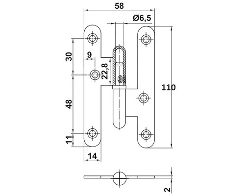 Desen tehnic al unei balamale de ușă cu dimensiuni.
