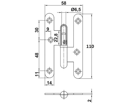 Desen tehnic al unei balamale de ușă cu dimensiuni