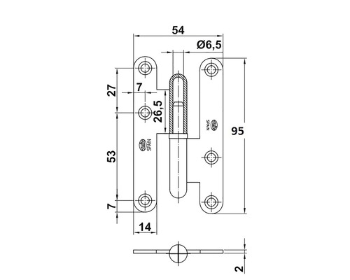 Desen tehnic al unei balamale de ușă cu dimensiuni