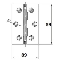Desen tehnic al unei balamale de ușă cu dimensiunile 89 x 89 mm și găuri de găurire cu diametrul de 7 mm.
